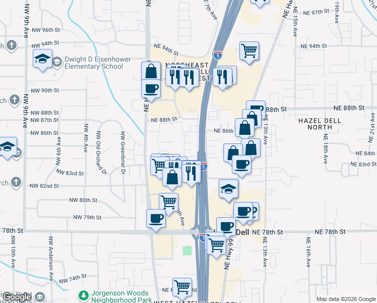map of restaurants, bars, coffee shops, grocery stores, and more near 616 Northeast 85th Circle in Vancouver