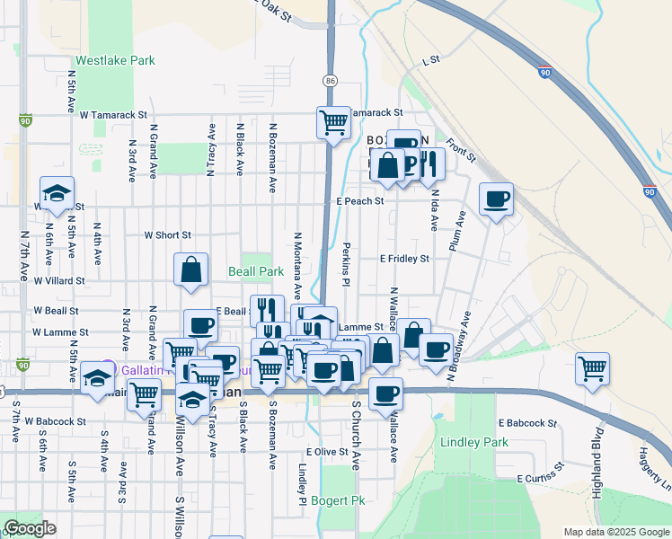 map of restaurants, bars, coffee shops, grocery stores, and more near 512 North Rouse Avenue in Bozeman