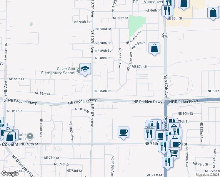 map of restaurants, bars, coffee shops, grocery stores, and more near 10913 Northeast 85th Street in Vancouver