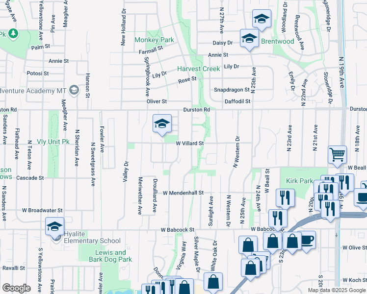 map of restaurants, bars, coffee shops, grocery stores, and more near 2902 West Villard Street in Bozeman