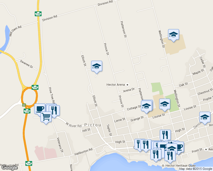 map of restaurants, bars, coffee shops, grocery stores, and more near 34 Princeton Court in Pictou