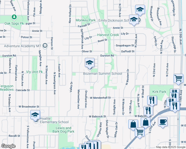 map of restaurants, bars, coffee shops, grocery stores, and more near 2940 West Villard Street in Bozeman