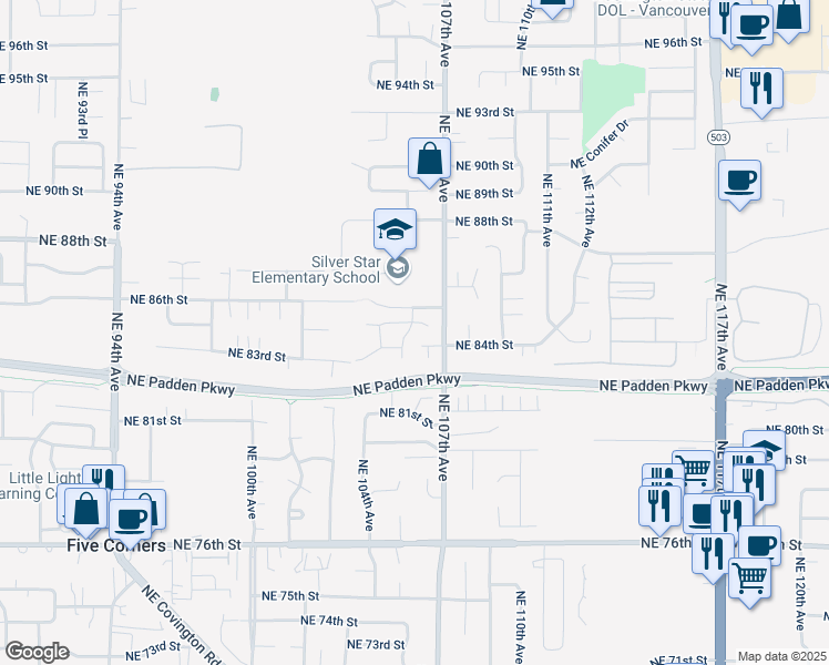 map of restaurants, bars, coffee shops, grocery stores, and more near 10510 Northeast 85th Street in Vancouver