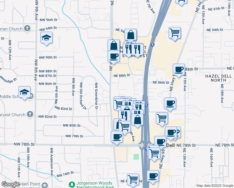 map of restaurants, bars, coffee shops, grocery stores, and more near 8515 Northeast Hazel Dell Avenue in Vancouver