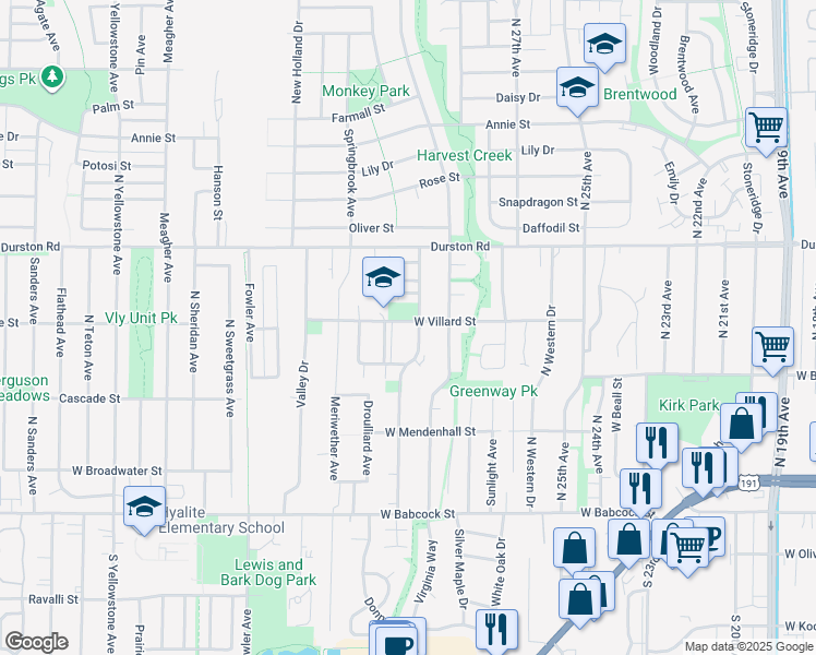 map of restaurants, bars, coffee shops, grocery stores, and more near 3018 West Villard Street in Bozeman
