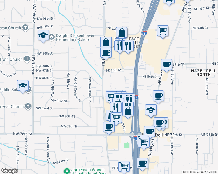 map of restaurants, bars, coffee shops, grocery stores, and more near 8415 Northeast Hazel Dell Avenue in Vancouver