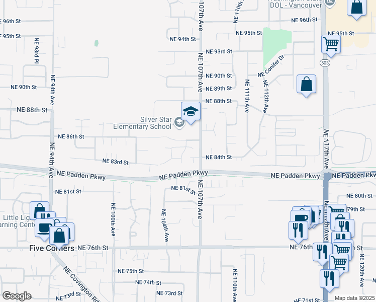 map of restaurants, bars, coffee shops, grocery stores, and more near 10510 Northeast 85th Street in Vancouver