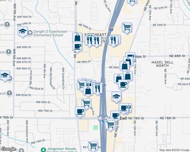 map of restaurants, bars, coffee shops, grocery stores, and more near 510 Northeast 84th Circle in Vancouver