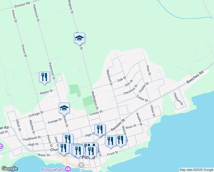 map of restaurants, bars, coffee shops, grocery stores, and more near 62 Oak Street in Pictou