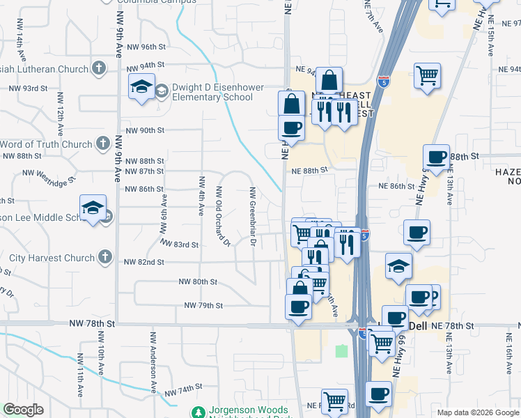 map of restaurants, bars, coffee shops, grocery stores, and more near 8500 Northeast Hazel Dell Avenue in Vancouver