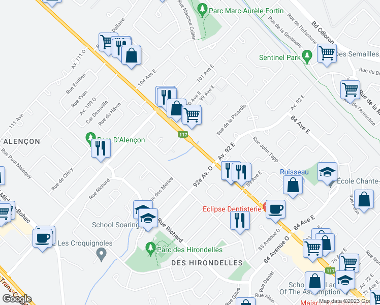 map of restaurants, bars, coffee shops, grocery stores, and more near 1243 Boulevard du Curé-Labelle in Blainville