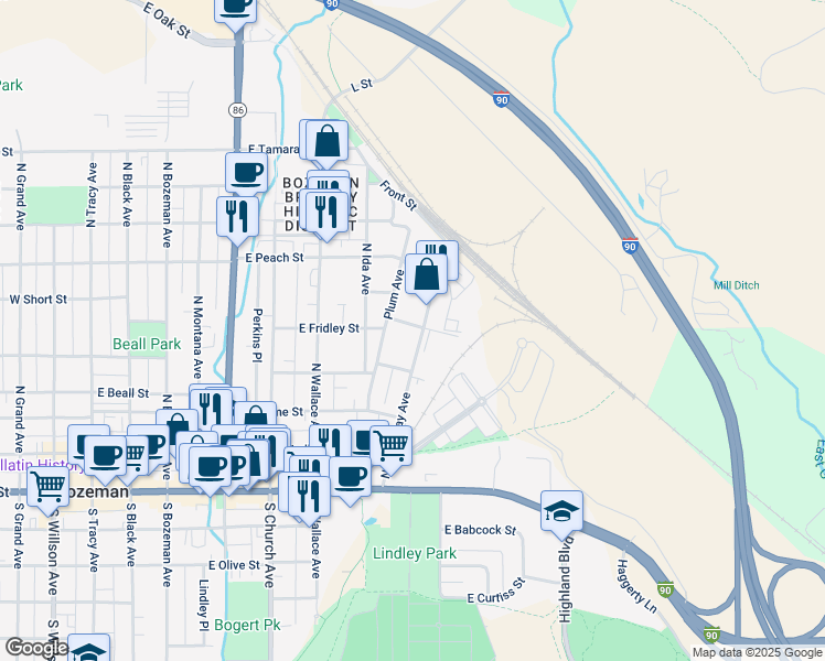 map of restaurants, bars, coffee shops, grocery stores, and more near 800-898 E Fridley St in Bozeman
