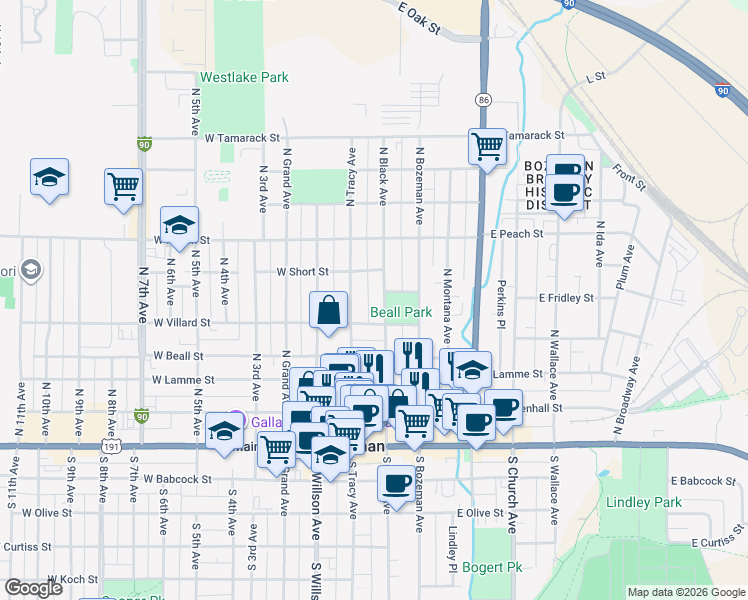 map of restaurants, bars, coffee shops, grocery stores, and more near 429 North Black Avenue in Bozeman