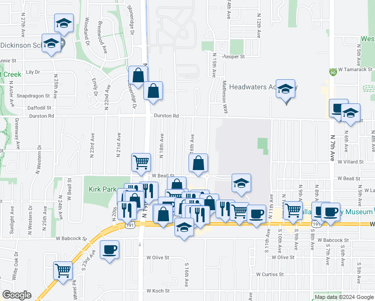 map of restaurants, bars, coffee shops, grocery stores, and more near 411 North 16th Avenue in Bozeman