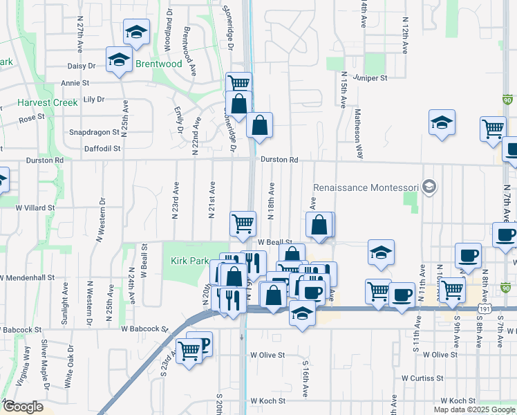 map of restaurants, bars, coffee shops, grocery stores, and more near 410 North 19th Avenue in Bozeman