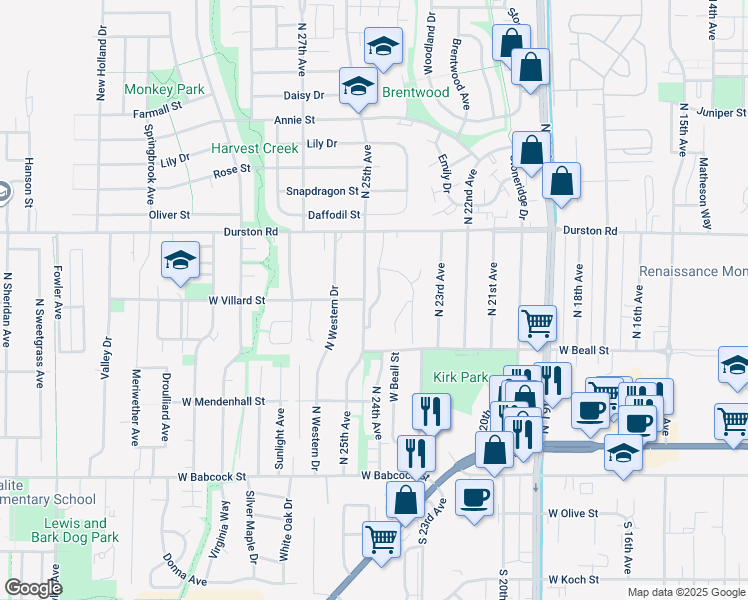 map of restaurants, bars, coffee shops, grocery stores, and more near 71 Willowbrook in Bozeman