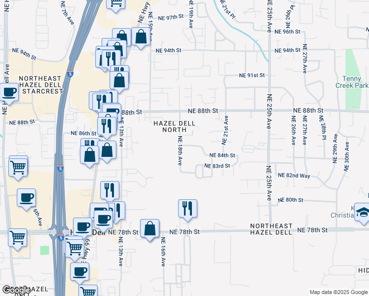 map of restaurants, bars, coffee shops, grocery stores, and more near 1806 Northeast 84th Way in Vancouver