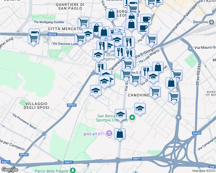 map of restaurants, bars, coffee shops, grocery stores, and more near 36 Via San Tomaso de' Calvi in Bergamo