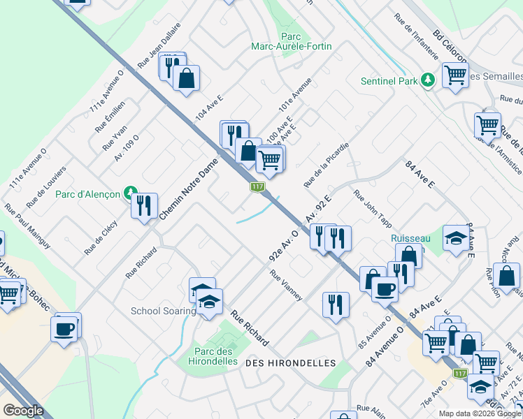 map of restaurants, bars, coffee shops, grocery stores, and more near 1251 Boulevard Curé-Labelle in Blainville