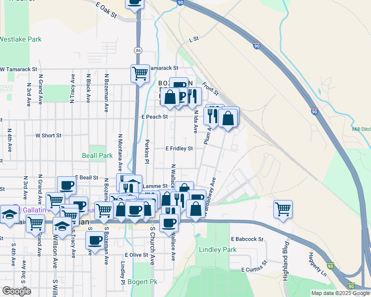 map of restaurants, bars, coffee shops, grocery stores, and more near 645 East Fridley Street in Bozeman
