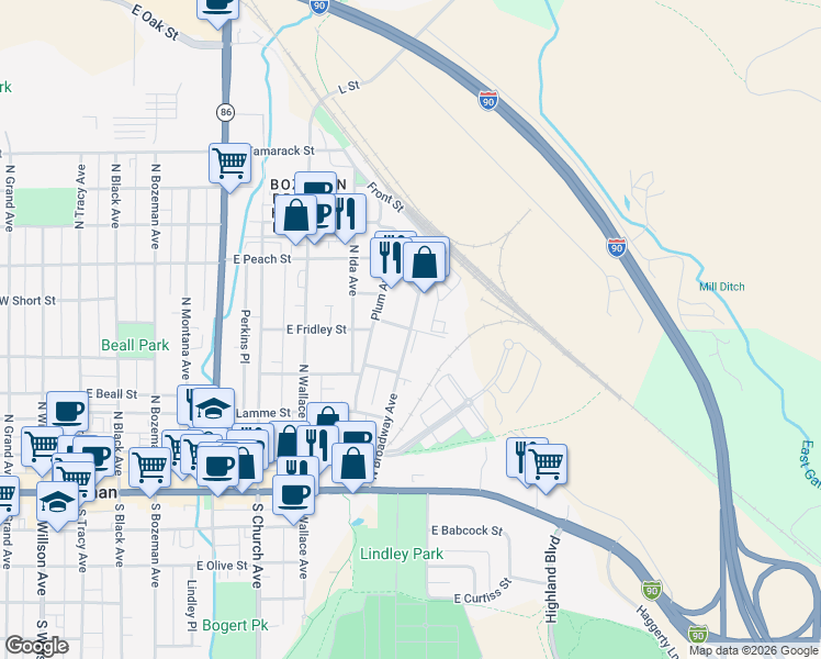 map of restaurants, bars, coffee shops, grocery stores, and more near 901 Fridley Street in Bozeman