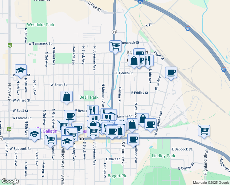 map of restaurants, bars, coffee shops, grocery stores, and more near 512 North Rouse Avenue in Bozeman