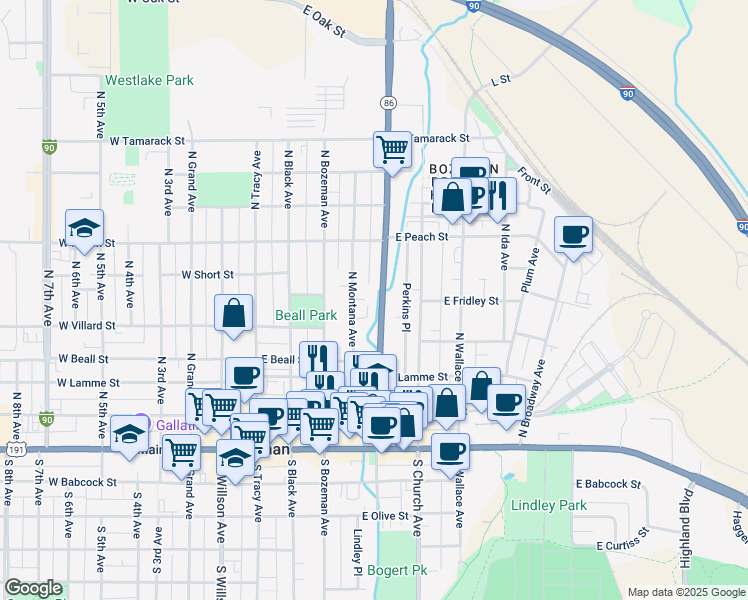 map of restaurants, bars, coffee shops, grocery stores, and more near 512 North Rouse Avenue in Bozeman