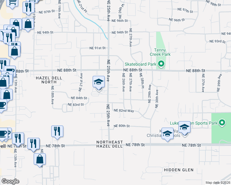 map of restaurants, bars, coffee shops, grocery stores, and more near 2500 Northeast 84th Circle in Vancouver