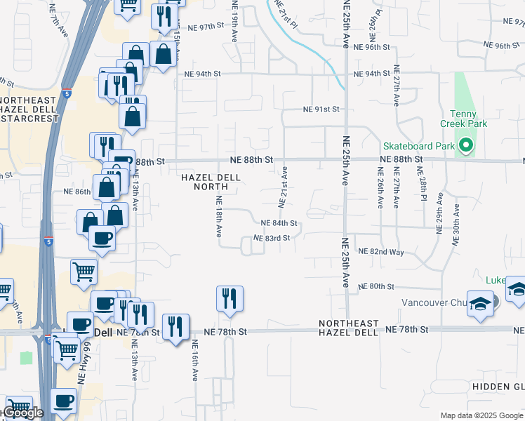 map of restaurants, bars, coffee shops, grocery stores, and more near 1904 Northeast 84th Way in Vancouver