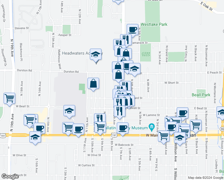 map of restaurants, bars, coffee shops, grocery stores, and more near 807 West Villard Street in Bozeman