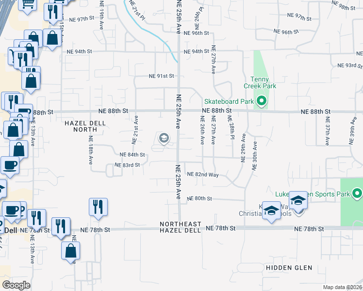 map of restaurants, bars, coffee shops, grocery stores, and more near 2500 Northeast 84th Circle in Vancouver