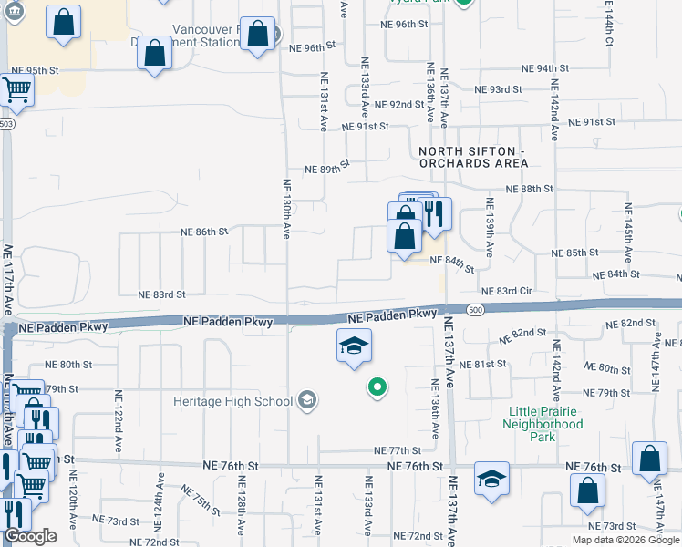 map of restaurants, bars, coffee shops, grocery stores, and more near 13208 NE 83rd St in Vancouver