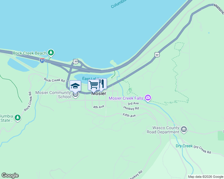 map of restaurants, bars, coffee shops, grocery stores, and more near 102 Idaho Street in Mosier