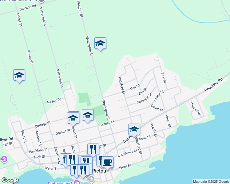 map of restaurants, bars, coffee shops, grocery stores, and more near 54 Oak Street in Pictou
