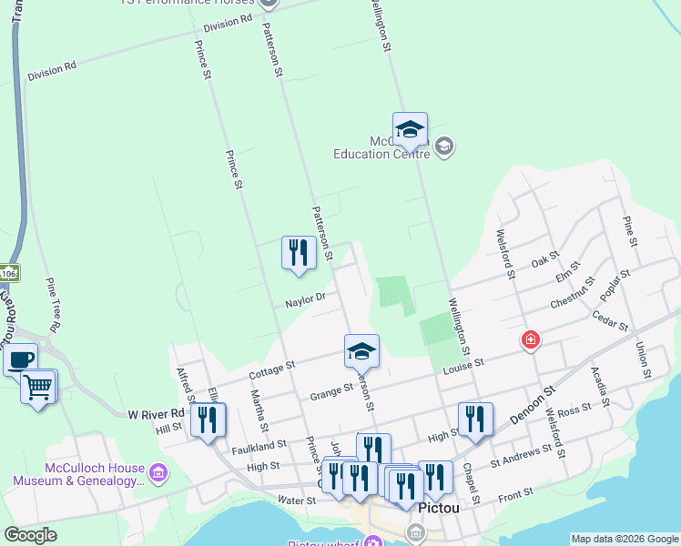 map of restaurants, bars, coffee shops, grocery stores, and more near 212 Patterson Street in Pictou