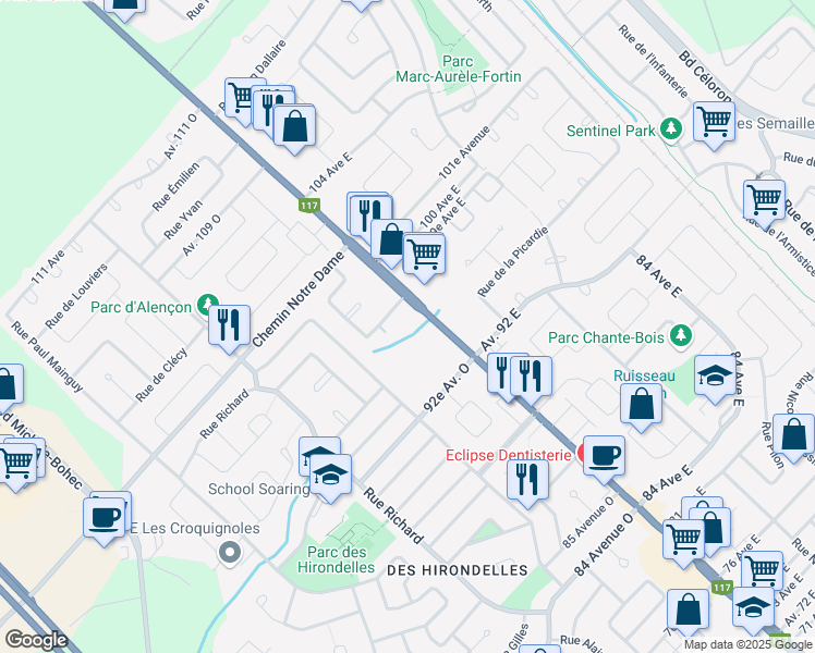 map of restaurants, bars, coffee shops, grocery stores, and more near 1249 Boulevard Curé-Labelle in Blainville