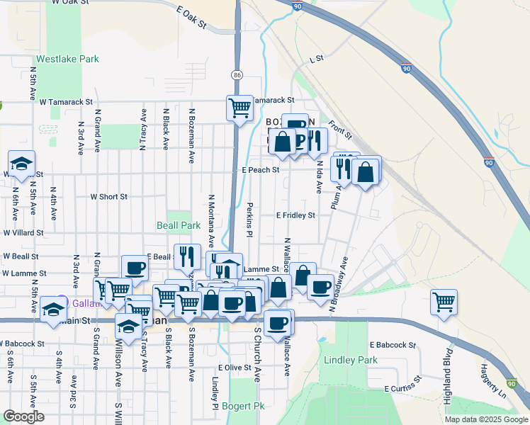 map of restaurants, bars, coffee shops, grocery stores, and more near 402 North Church Avenue in Bozeman
