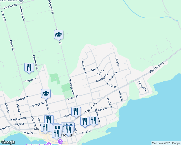 map of restaurants, bars, coffee shops, grocery stores, and more near 89 Oak Street in Pictou