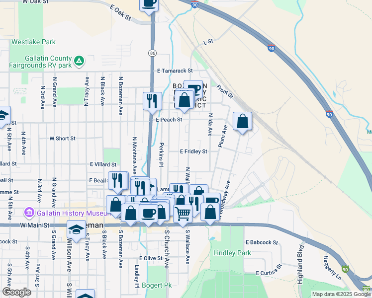 map of restaurants, bars, coffee shops, grocery stores, and more near 401 North Wallace Avenue in Bozeman