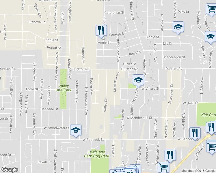 map of restaurants, bars, coffee shops, grocery stores, and more near 505 Valley Dr in Bozeman