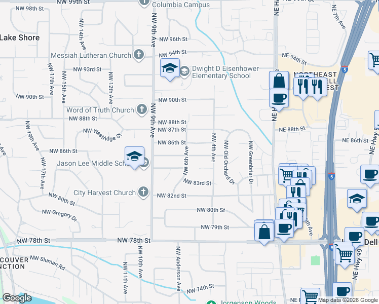 map of restaurants, bars, coffee shops, grocery stores, and more near 408 Northwest 85th Street in Vancouver