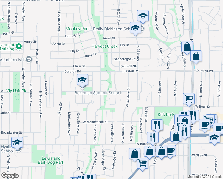 map of restaurants, bars, coffee shops, grocery stores, and more near 2717 West Villard Street in Bozeman