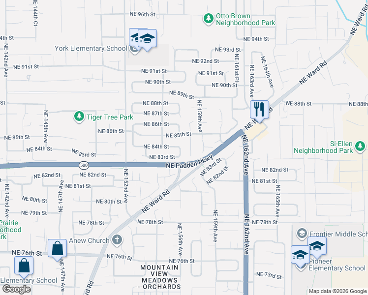 map of restaurants, bars, coffee shops, grocery stores, and more near 8404 Northeast 157th Avenue in Vancouver