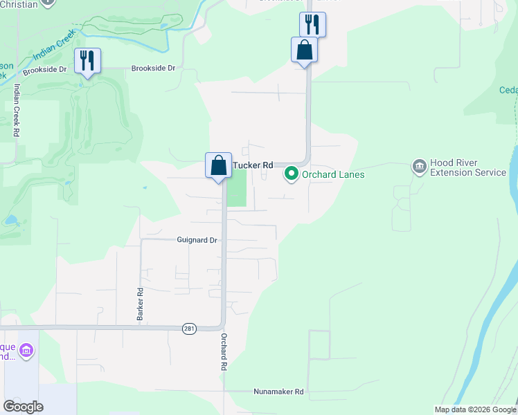 map of restaurants, bars, coffee shops, grocery stores, and more near 1267 Tucker Road in Hood River