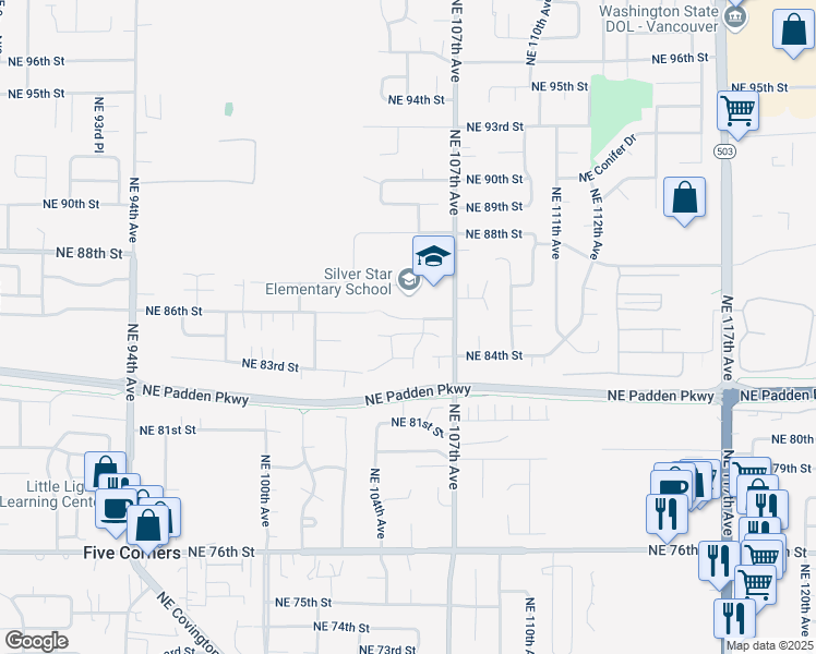 map of restaurants, bars, coffee shops, grocery stores, and more near 10510 Northeast 85th Street in Vancouver