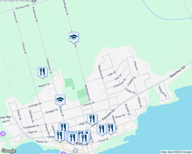 map of restaurants, bars, coffee shops, grocery stores, and more near 54 Oak Street in Pictou