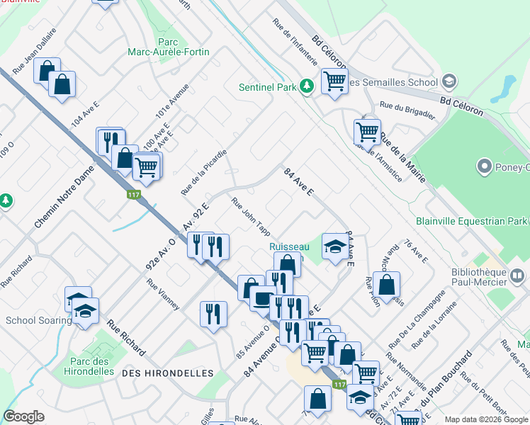 map of restaurants, bars, coffee shops, grocery stores, and more near 65 Rue du Poitou in Blainville