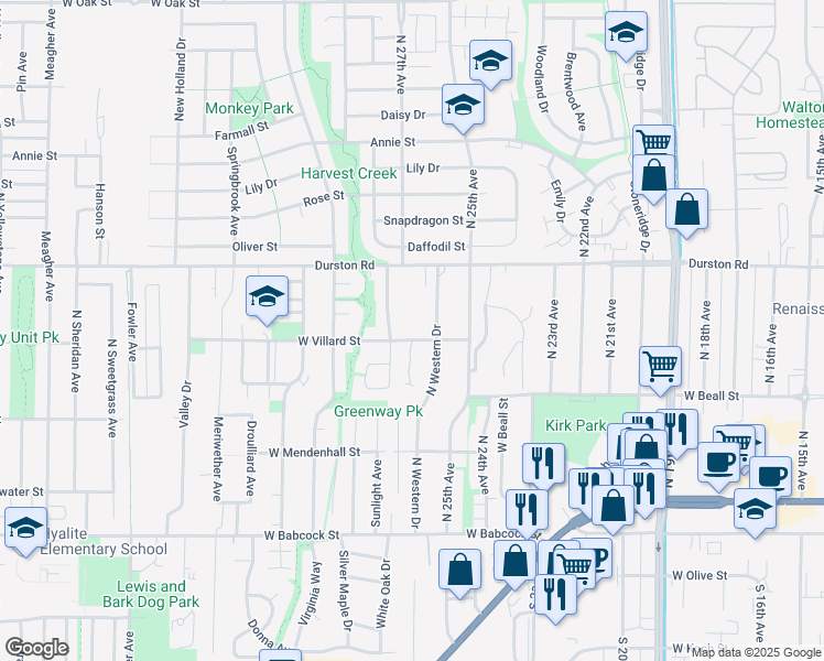 map of restaurants, bars, coffee shops, grocery stores, and more near 2605 West Villard Street in Bozeman