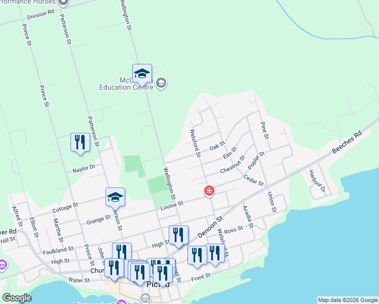map of restaurants, bars, coffee shops, grocery stores, and more near 58 Oak Street in Pictou
