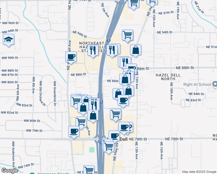 map of restaurants, bars, coffee shops, grocery stores, and more near 8600 Northeast 8th Avenue in Vancouver